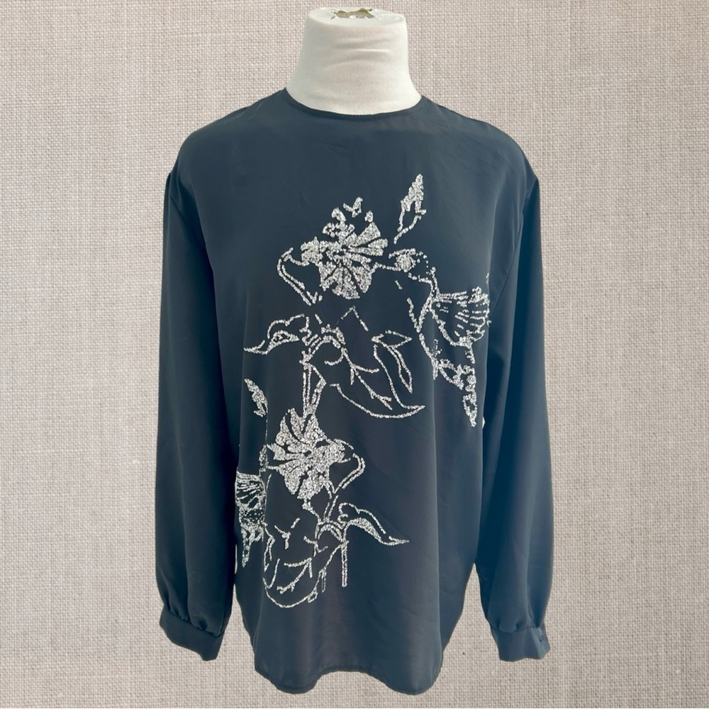 First Glimpse Vintage Black Long Sleeve Top with White Sequin Floral Design